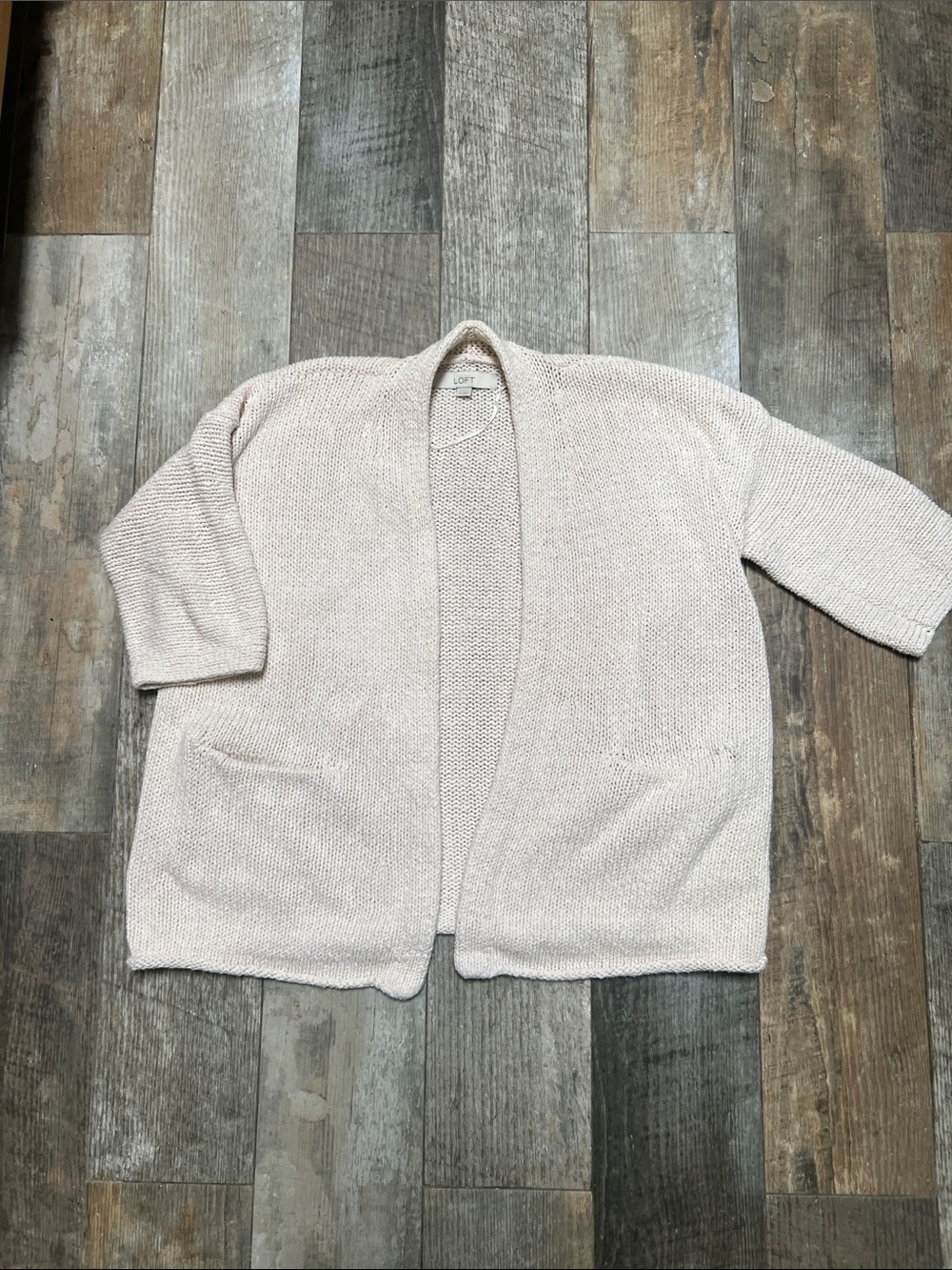 LOFT Light Cream Open-Front 100% Cotton Knit Cardigan